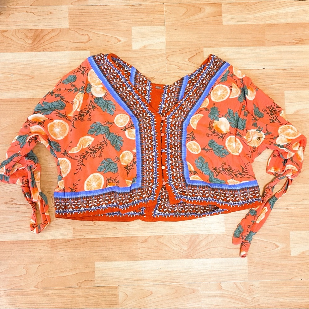 Free People Orange & Flowers Tie Crop Cardigan